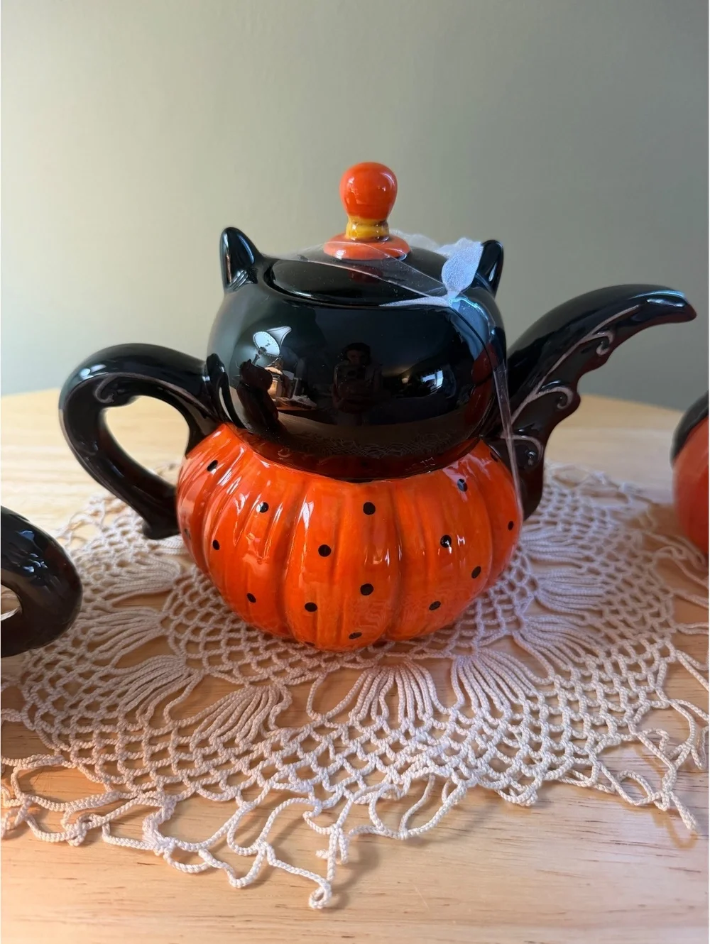 Johanna Parker Ceramic Owl and Bat Pumpkin Teapot and Mugs Set
